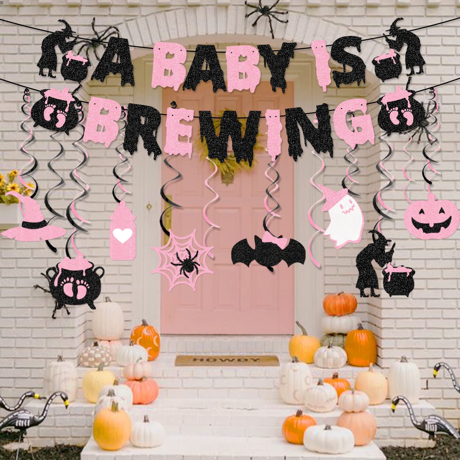 Halloween Baby Shower Party Decorations Girl Pink and Black Glitter A Baby Is Brewing Banner A Baby is Brewing Baby Shower Decorations Baby Brewing Halloween Shower Decorations