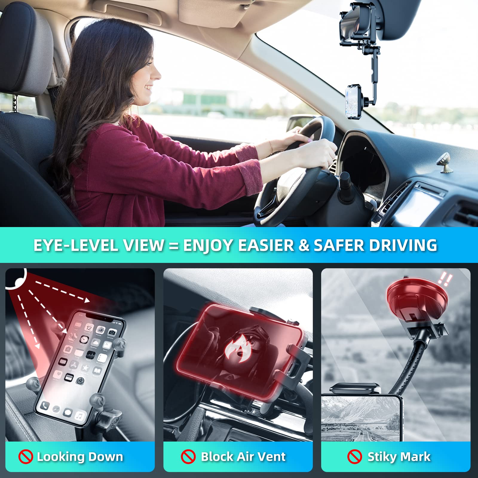 Phone Mount for Car, 360° Rotatable and Retractable Car Phone Holder Mount Free Adjustment Rear View Mirror Phone Holder for Car Universal Rearview Mirror Cell Phone Car Mount Fit for All Smartphones