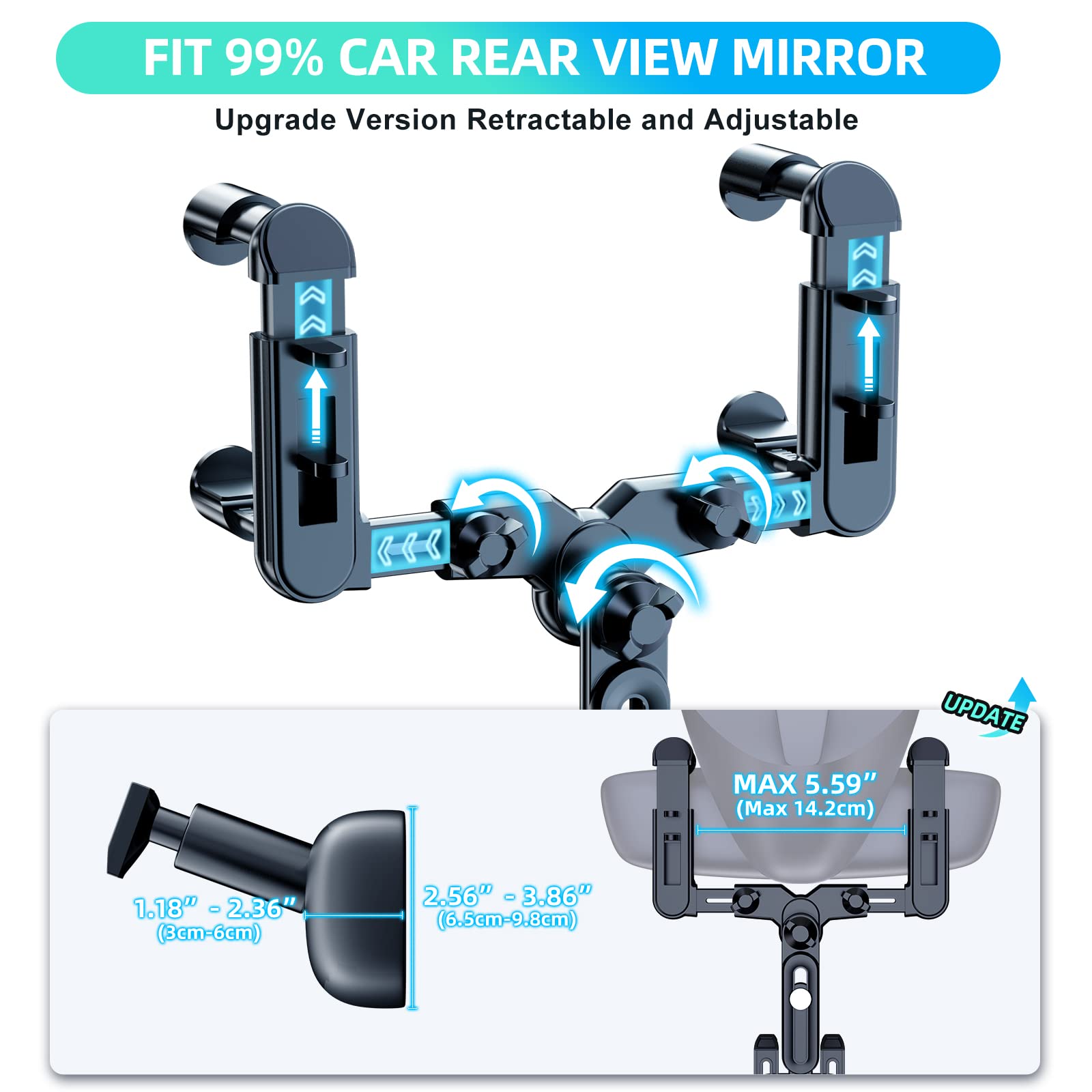 Phone Mount for Car, 360° Rotatable and Retractable Car Phone Holder Mount Free Adjustment Rear View Mirror Phone Holder for Car Universal Rearview Mirror Cell Phone Car Mount Fit for All Smartphones