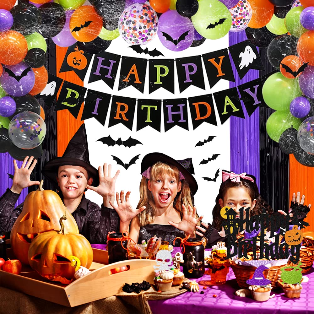 Halloween Birthday Party Decorations Include happy birthday halloween banner halloween balloons Halloween Birthday Cake Topper halloween fringe curtain for Halloween Birthday Party Supplies