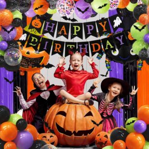 Halloween Birthday Party Decorations Include happy birthday halloween banner halloween balloons Halloween Birthday Cake Topper halloween fringe curtain for Halloween Birthday Party Supplies
