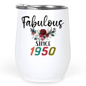 paw8888 fabulous since 1950 74th birthday wine tumbler gifts for her, women, wine glass with lid birthday gift friend coworker wife sister, grandma, bestie christmas gift - white