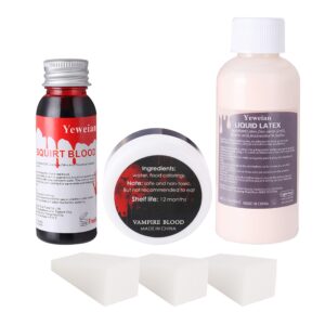 yeweian liquid latex sfx makeup kit, 2.1oz latex liquid with coagulated fake blood gel, squirt blood and stipple sponge, halloween monster zombie clown makeup for scald burn scar wound,cut,skin decay, prosthetics, old age wrinkle(light flesh)