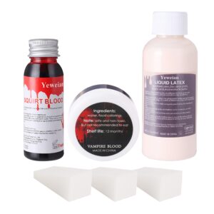 Yeweian Liquid Latex SFX Makeup Kit, 2.1Oz Latex Liquid with Coagulated Fake Blood Gel, Squirt Blood and Stipple Sponge, Halloween Monster Zombie Clown Makeup for Scald Burn Scar Wound,Cut,Skin Decay, Prosthetics, Old Age Wrinkle(Light Flesh)