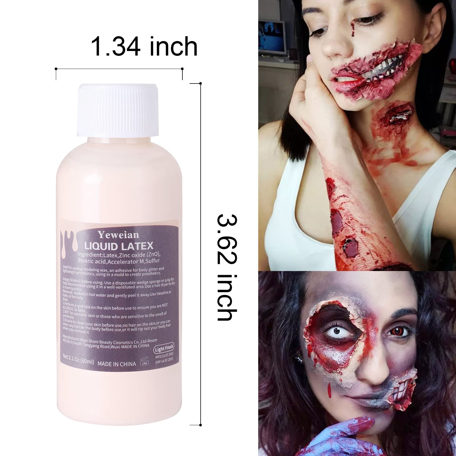 Yeweian Liquid Latex SFX Makeup Kit, 2.1Oz Latex Liquid with Coagulated Fake Blood Gel, Squirt Blood and Stipple Sponge, Halloween Monster Zombie Clown Makeup for Scald Burn Scar Wound,Cut,Skin Decay, Prosthetics, Old Age Wrinkle(Light Flesh)