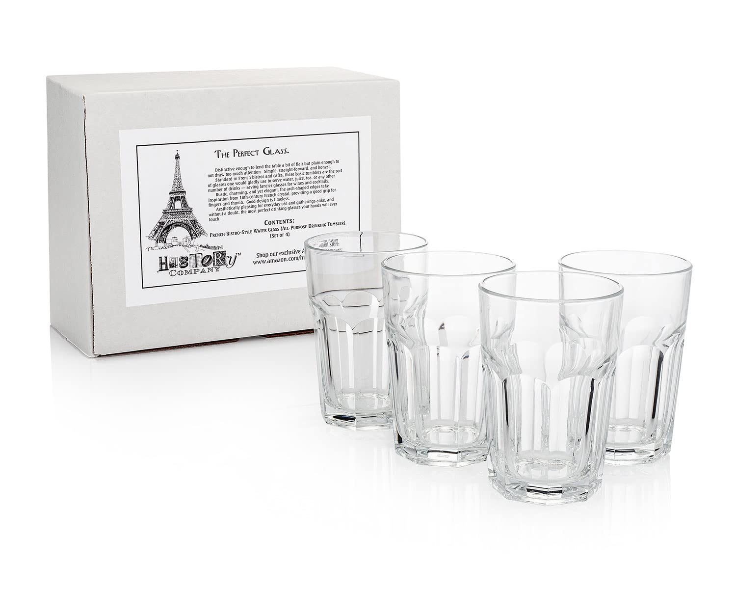 HISTORY COMPANY French Bistro Tempered Water Glass (All-Purpose Drinking Tumbler), 4-Piece Set (Gift Box Collection)