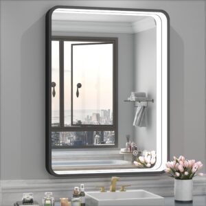 jsneijder 24x32 inch black led bathroom mirror, black framed vanity mirror with lights, anti-fog bathroom mirror, wall mounted dimmable lighted bathroom mirror(horizontal/vertical)