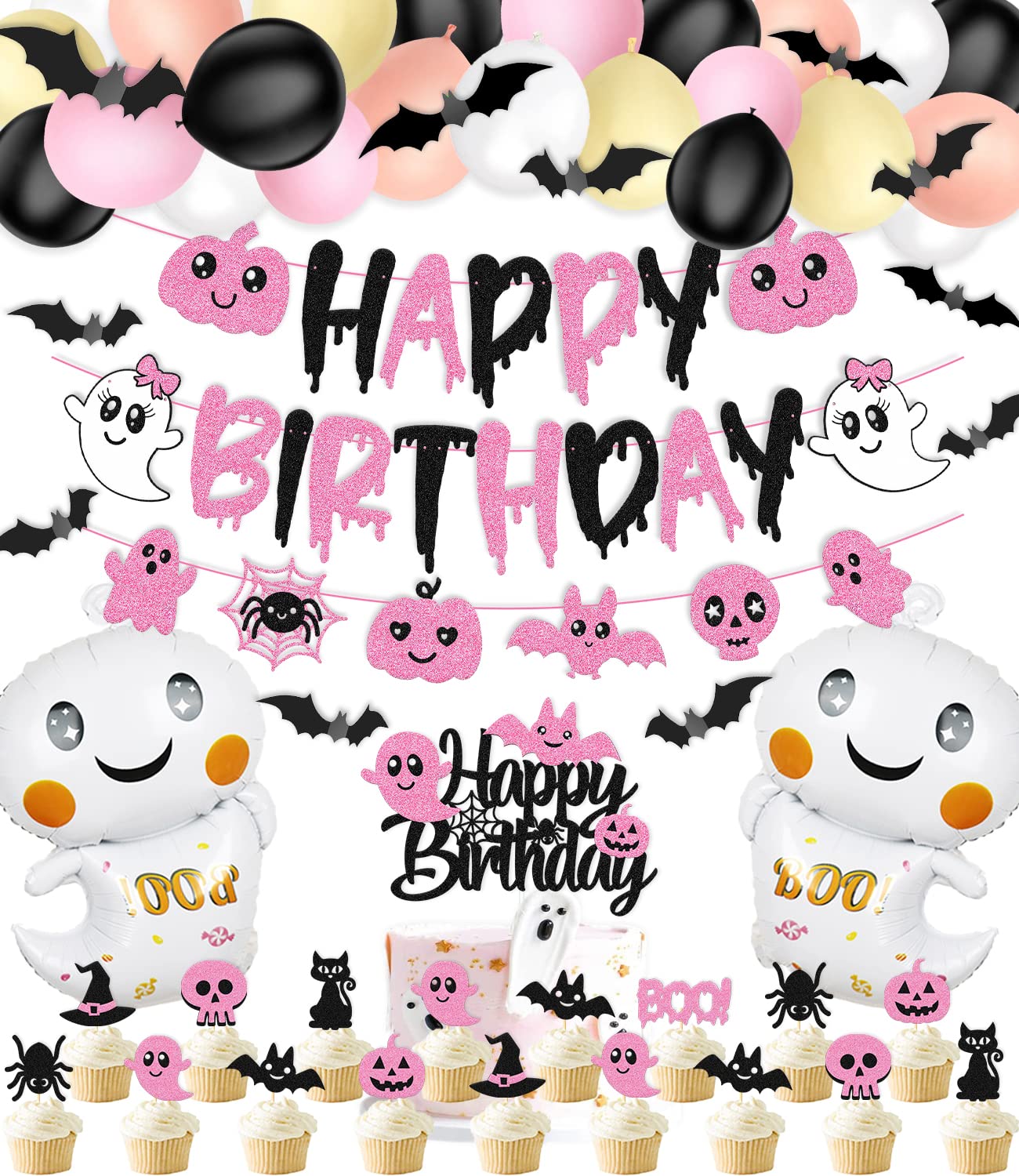 67 Pcs Halloween Birthday Decorations Pink Black Birthday Banner Cake Topper Halloween Cupcake decoration 3D Bat Wall Stickers Halloween Theme Balloons Happy Birthday Party Supplies