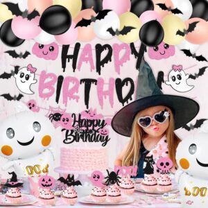 67 Pcs Halloween Birthday Decorations Pink Black Birthday Banner Cake Topper Halloween Cupcake decoration 3D Bat Wall Stickers Halloween Theme Balloons Happy Birthday Party Supplies