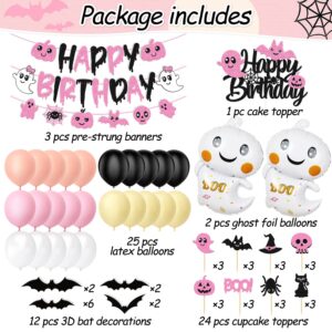 67 Pcs Halloween Birthday Decorations Pink Black Birthday Banner Cake Topper Halloween Cupcake decoration 3D Bat Wall Stickers Halloween Theme Balloons Happy Birthday Party Supplies