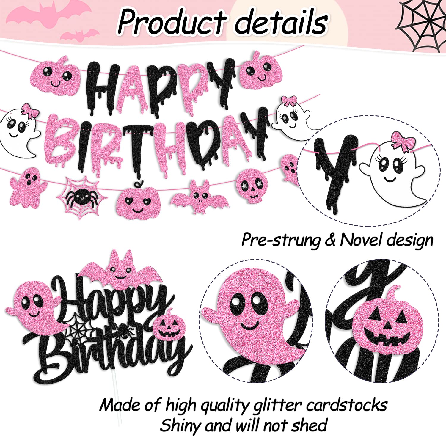 67 Pcs Halloween Birthday Decorations Pink Black Birthday Banner Cake Topper Halloween Cupcake decoration 3D Bat Wall Stickers Halloween Theme Balloons Happy Birthday Party Supplies