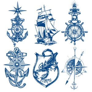 oottati 6 sheets semi permanent fake waterproof arm temporary tattoo stickers long lasts 1-2 weeks, ship boat anchor rope compass scorpion lighthouse sailor sea arrow natural fading