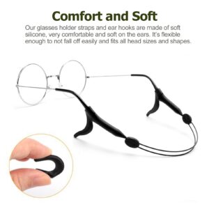 KAJUDA 4Pcs Adjustable Glasses Strap, Glasses Sport Strap Holder Sunglass Retainer, Upgrade No Tail Anti-Slip Eyeglass Straps and Ear Hook 8Pcs for Men Women (Black)