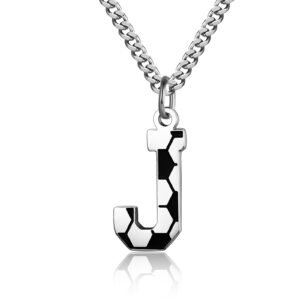 aiainagi soccer initial a-z letter necklace for boys soccer charm pendant stainless steel silver chain 22inch personalized soccer gift for men women girls(j)