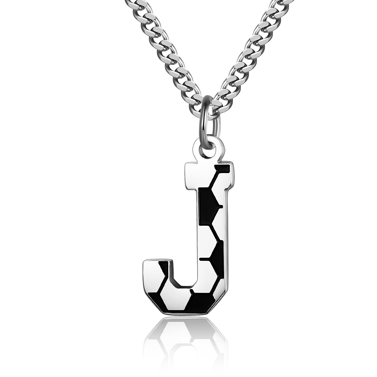 AIAINAGI Soccer Initial A-Z Letter Necklace for Boys Soccer Charm Pendant Stainless Steel Silver Chain 22inch Personalized Soccer Gift for Men Women Girls(J)