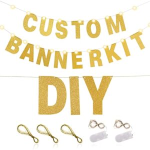 TaoBary 112 Pcs DIY Letter Banner Glitter Customizable Banner Kit Custom Banner Including 107 Letters and Numbers 3 Rope and 2 Light Decor for Birthday Party Baby Shower(Gold)