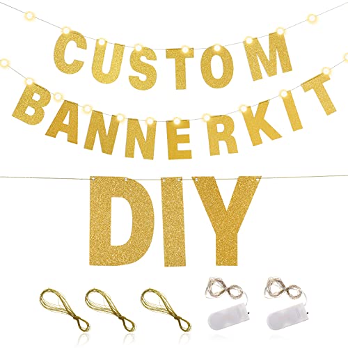 TaoBary 112 Pcs DIY Letter Banner Glitter Customizable Banner Kit Custom Banner Including 107 Letters and Numbers 3 Rope and 2 Light Decor for Birthday Party Baby Shower(Gold)