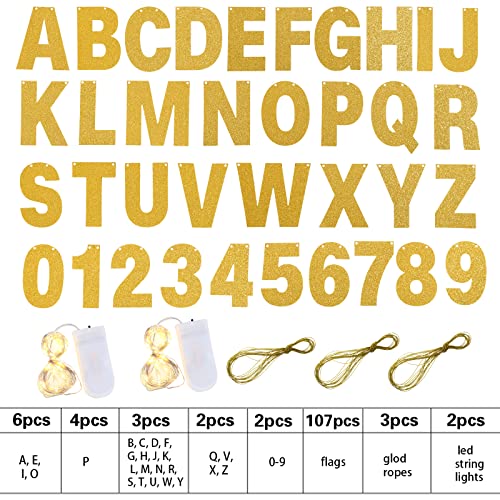 TaoBary 112 Pcs DIY Letter Banner Glitter Customizable Banner Kit Custom Banner Including 107 Letters and Numbers 3 Rope and 2 Light Decor for Birthday Party Baby Shower(Gold)