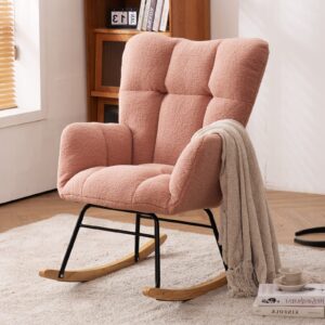nursery rocking chair teddy fabric padded seat with high backrest and armrest accent chair upholstered armchair single sofa accent glider rocker for living room bedroom offices (pink teddy)