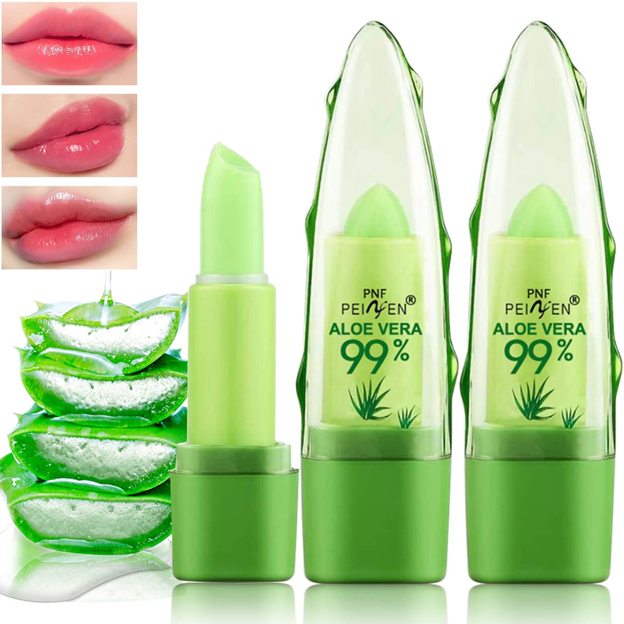 2 Pack Aloe Vera Lipstick, Long Lasting Lip Care Nutritious Plumper Lip Balm, Moisturizer Magic Color Changing Crystal Jelly Lipstick, Lip Gloss Matte Makeup Tinted Lip Balm (Green A)