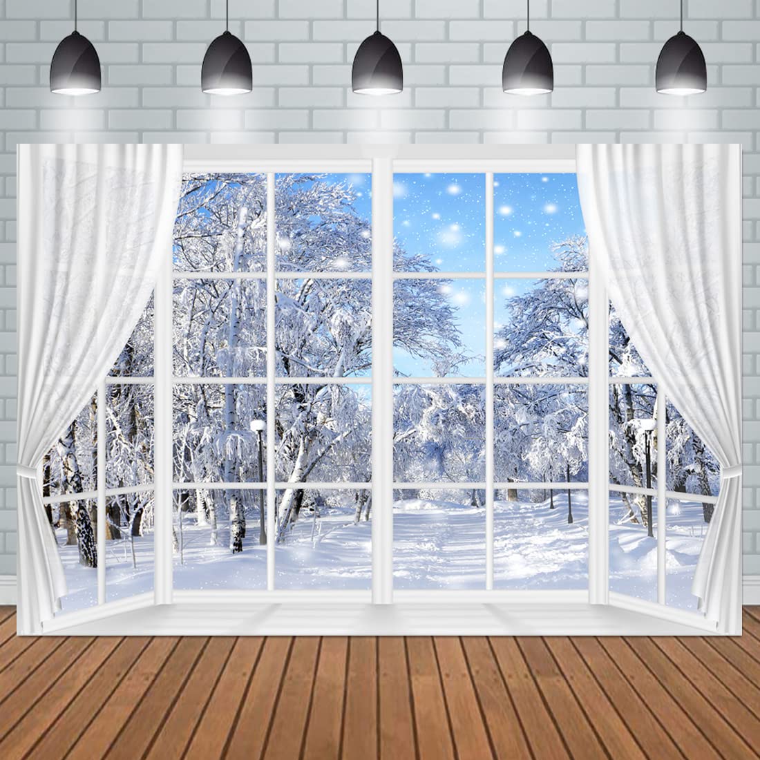 Winter Scene Backdrop Holiday Wonderland Snowflake Photography Background Window Forest Christmas Party Decoration Tree Landscape Kids Portrait Photobooth Photo Studio Props 7x5ft White