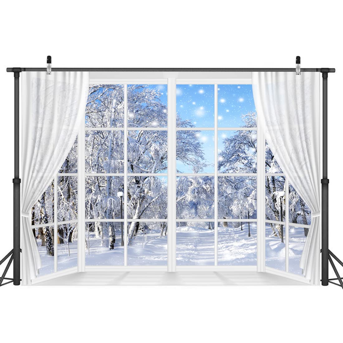 Winter Scene Backdrop Holiday Wonderland Snowflake Photography Background Window Forest Christmas Party Decoration Tree Landscape Kids Portrait Photobooth Photo Studio Props 7x5ft White