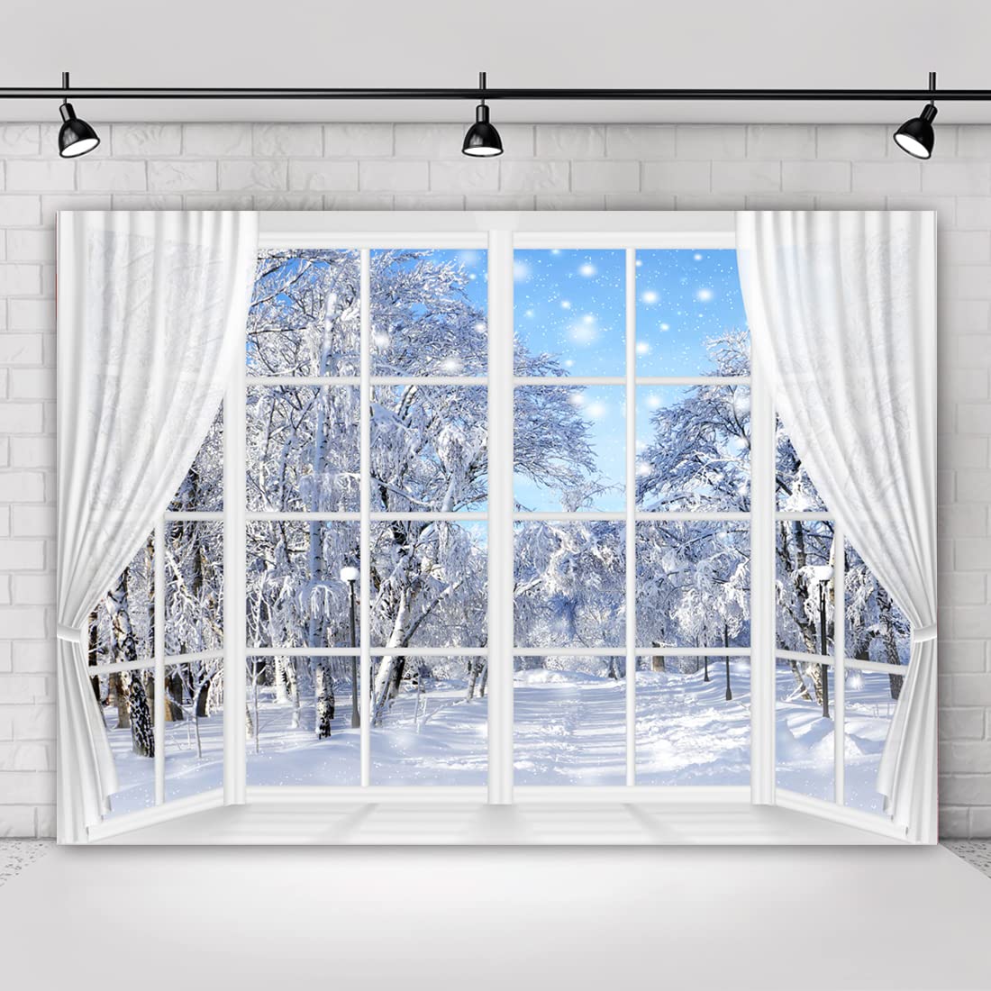 Winter Scene Backdrop Holiday Wonderland Snowflake Photography Background Window Forest Christmas Party Decoration Tree Landscape Kids Portrait Photobooth Photo Studio Props 7x5ft White