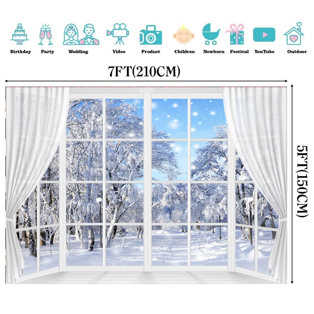 Winter Scene Backdrop Holiday Wonderland Snowflake Photography Background Window Forest Christmas Party Decoration Tree Landscape Kids Portrait Photobooth Photo Studio Props 7x5ft White