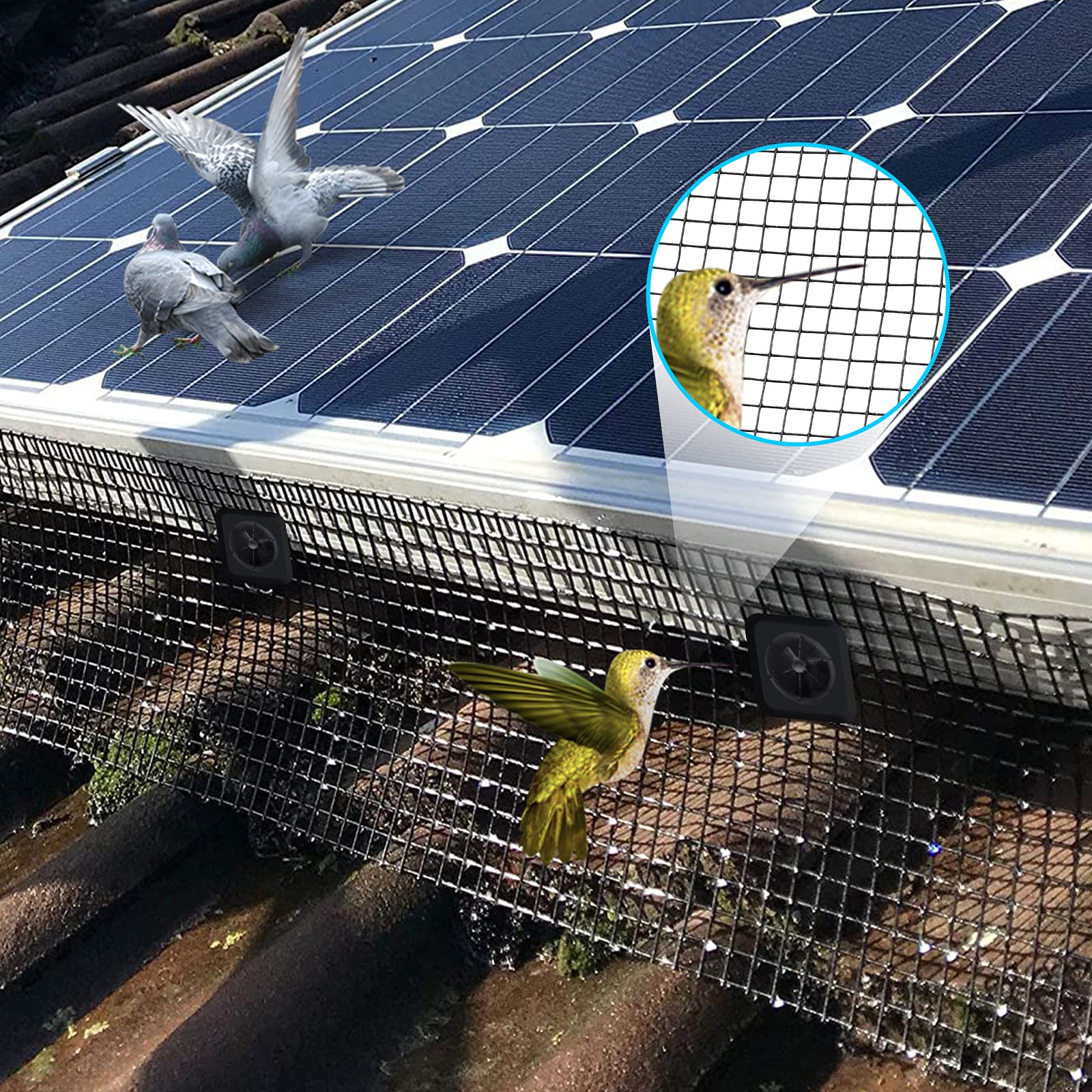 MEFBANT Solar Panel Bird/Critter Guard with 70 Aluminum Fasteners Clips.6 Inches x 100 Feet Solar Panel Protection Device Roof Protection Net ， PVC Coated Galvanized Steel Coil，