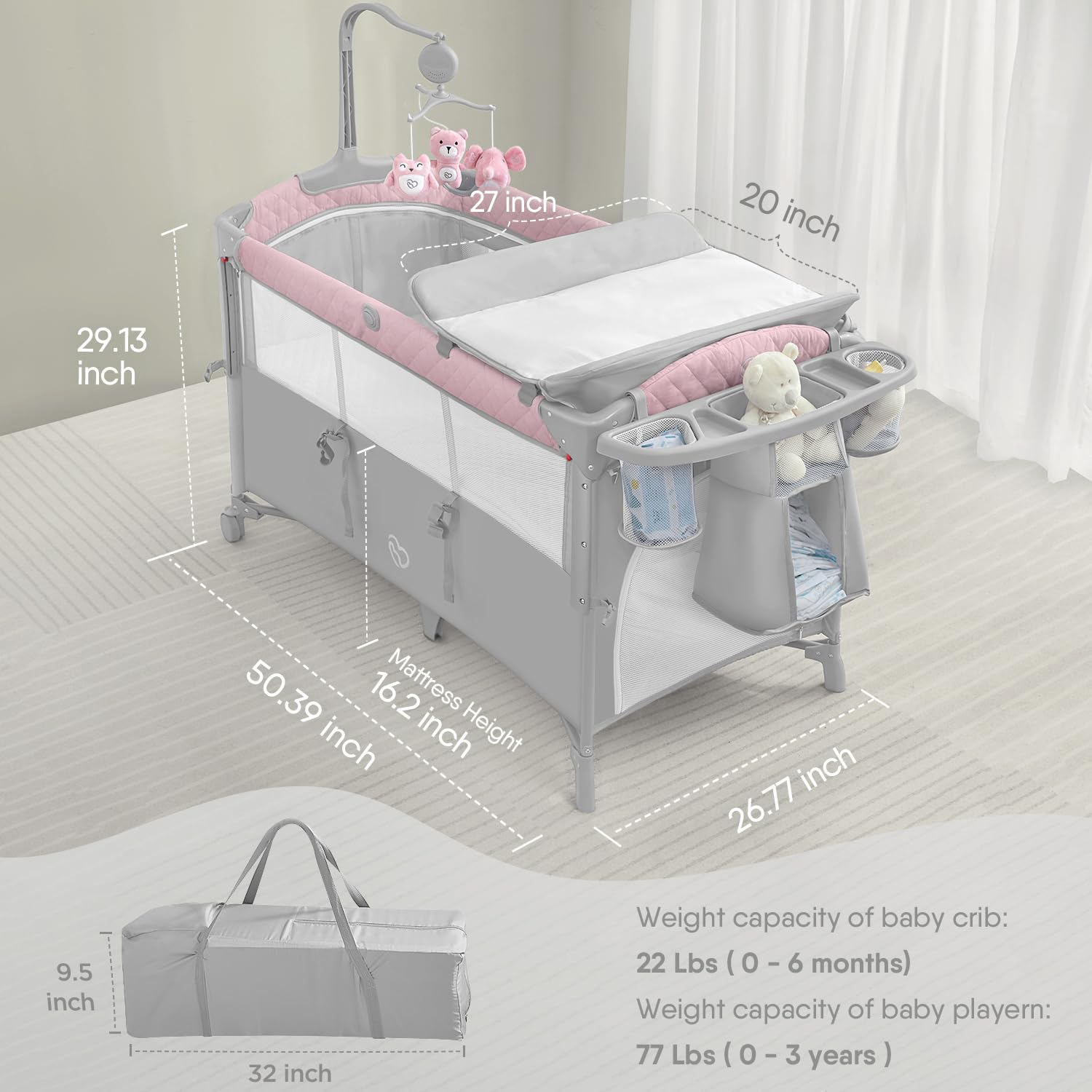 BabyBond Baby Bassinet Bedside Crib, Pack and Play with Sheet, Diaper Changing Table and Music Mobile from Newborn to Toddles, Portable Large Playard