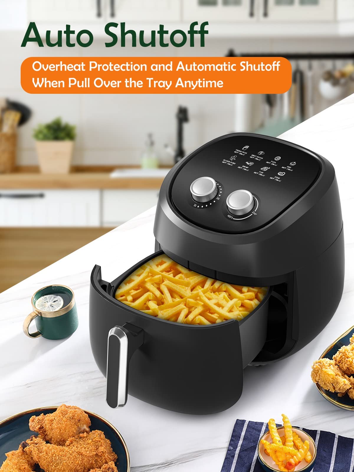 Air Fryer 8 Preset Menus 4.5 QT Airfryer Easy to Use with Adjustable Temperature Control with 8 Cooking References Nonstick Tray Auto Shutoff 1400W Hot Air Fryer Black