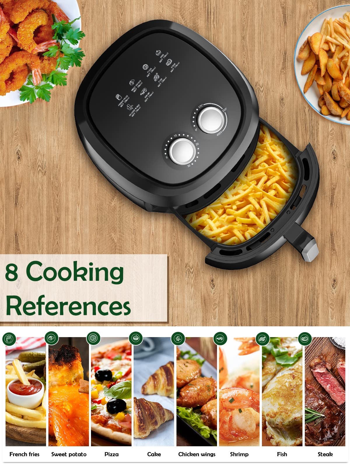 Air Fryer 8 Preset Menus 4.5 QT Airfryer Easy to Use with Adjustable Temperature Control with 8 Cooking References Nonstick Tray Auto Shutoff 1400W Hot Air Fryer Black