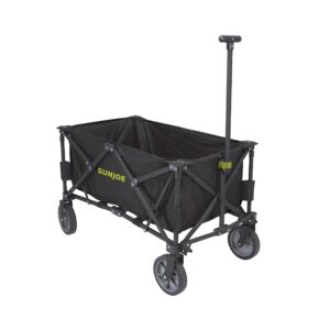 sun joe sj-hdfc1 heavy-duty metal framed garden utility wagon, w/swivel front wheels & adjustable handle, collapsible design for easy storage and portability, 150 lbs load capacity, black