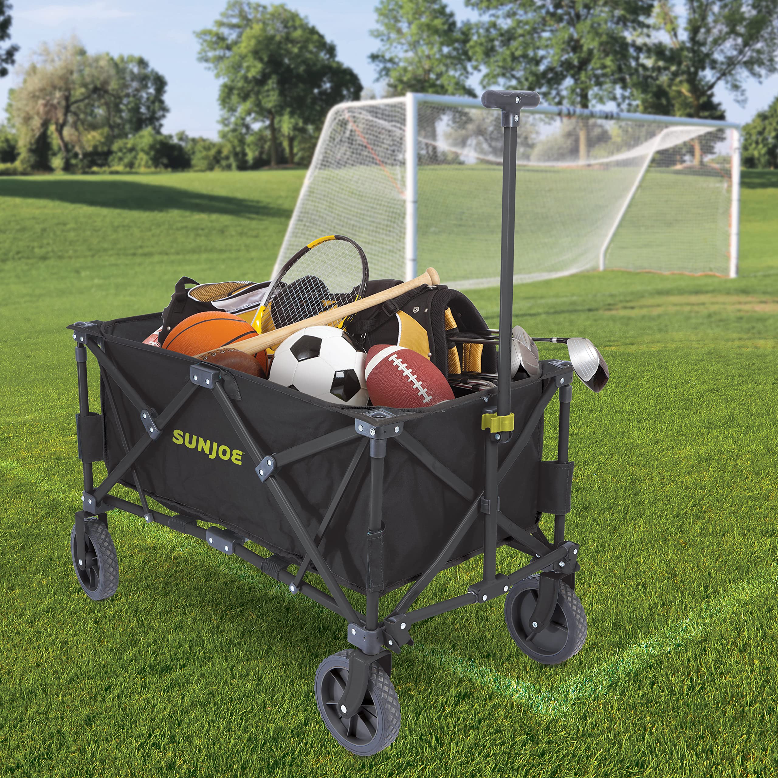 Sun Joe SJ-HDFC1 Heavy-Duty Metal Framed Garden Utility Wagon, w/Swivel Front Wheels & Adjustable Handle, Collapsible Design for Easy Storage and Portability, 150 Lbs Load Capacity, Black