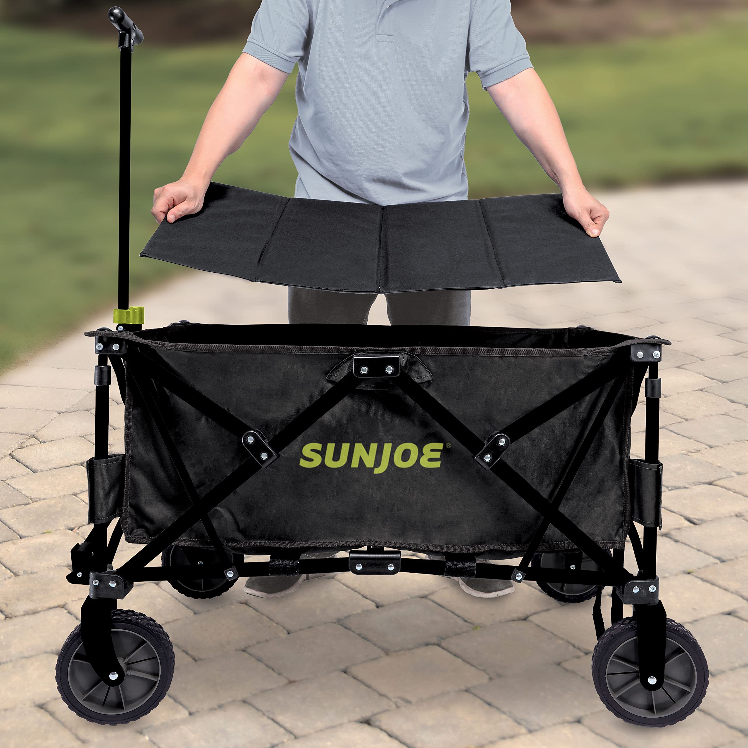 Sun Joe SJ-HDFC1 Heavy-Duty Metal Framed Garden Utility Wagon, w/Swivel Front Wheels & Adjustable Handle, Collapsible Design for Easy Storage and Portability, 150 Lbs Load Capacity, Black