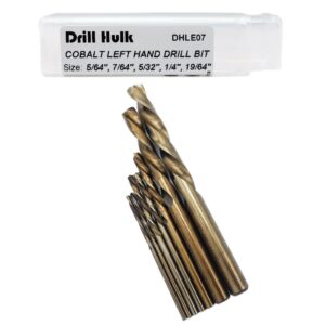 drill hulk 7-piece m35 cobalt left hand drill bit set for removing damaged bolts and screws, 5/64-inch, 7/64-inch, 5/32-inch, 1/4-inch, 19/64-inch