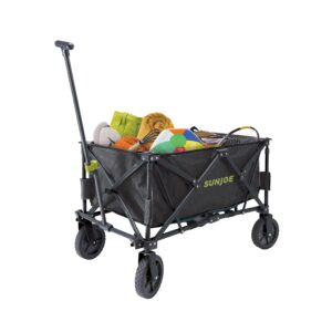 Sun Joe SJ-HDFC1 Heavy-Duty Metal Framed Garden Utility Wagon, w/Swivel Front Wheels & Adjustable Handle, Collapsible Design for Easy Storage and Portability, 150 Lbs Load Capacity, Black