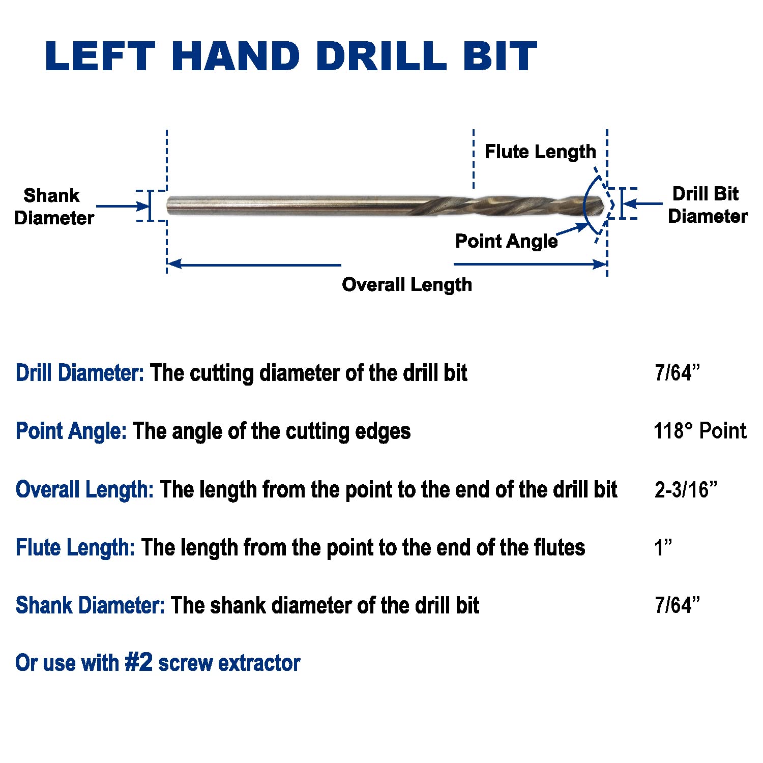 Drill Hulk 7-Piece M35 Cobalt Left Hand Drill Bit Set for Removing Damaged Bolts and Screws, 5/64-Inch, 7/64-Inch, 5/32-Inch, 1/4-Inch, 19/64-Inch