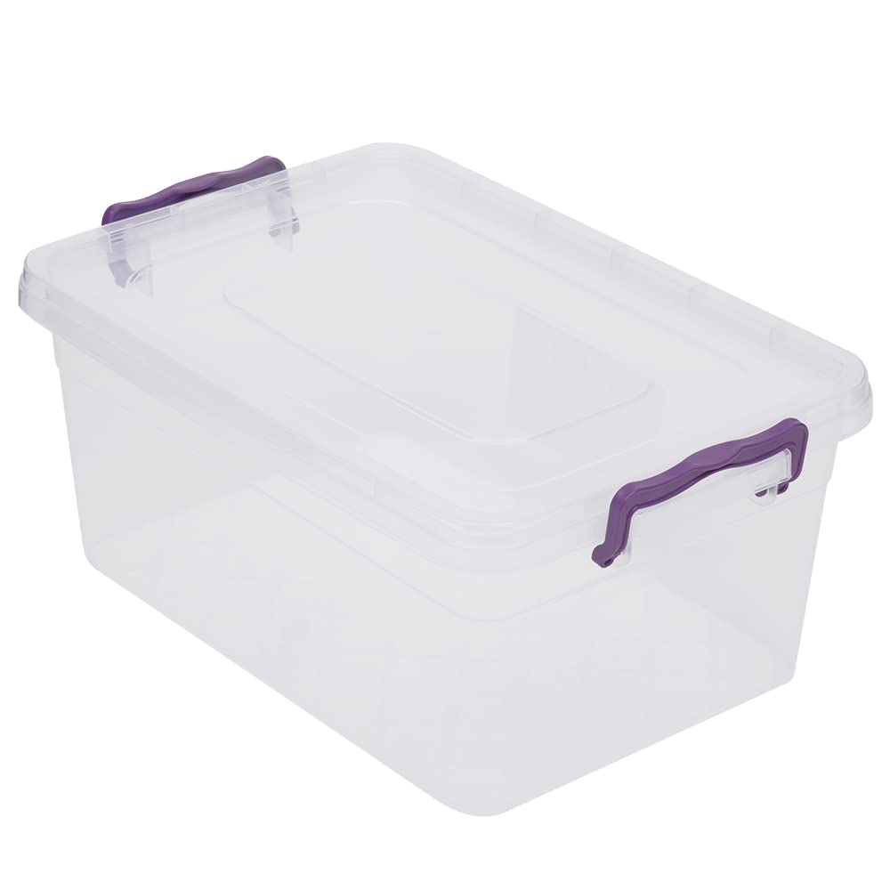 Home Basics Plastic Storage Box with Locking Lid, Clear | Durable Latches for Secure Closure | Purple Handles (7.5 liter)