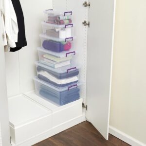 Home Basics Plastic Storage Box with Locking Lid, Clear | Durable Latches for Secure Closure | Purple Handles (7.5 liter)