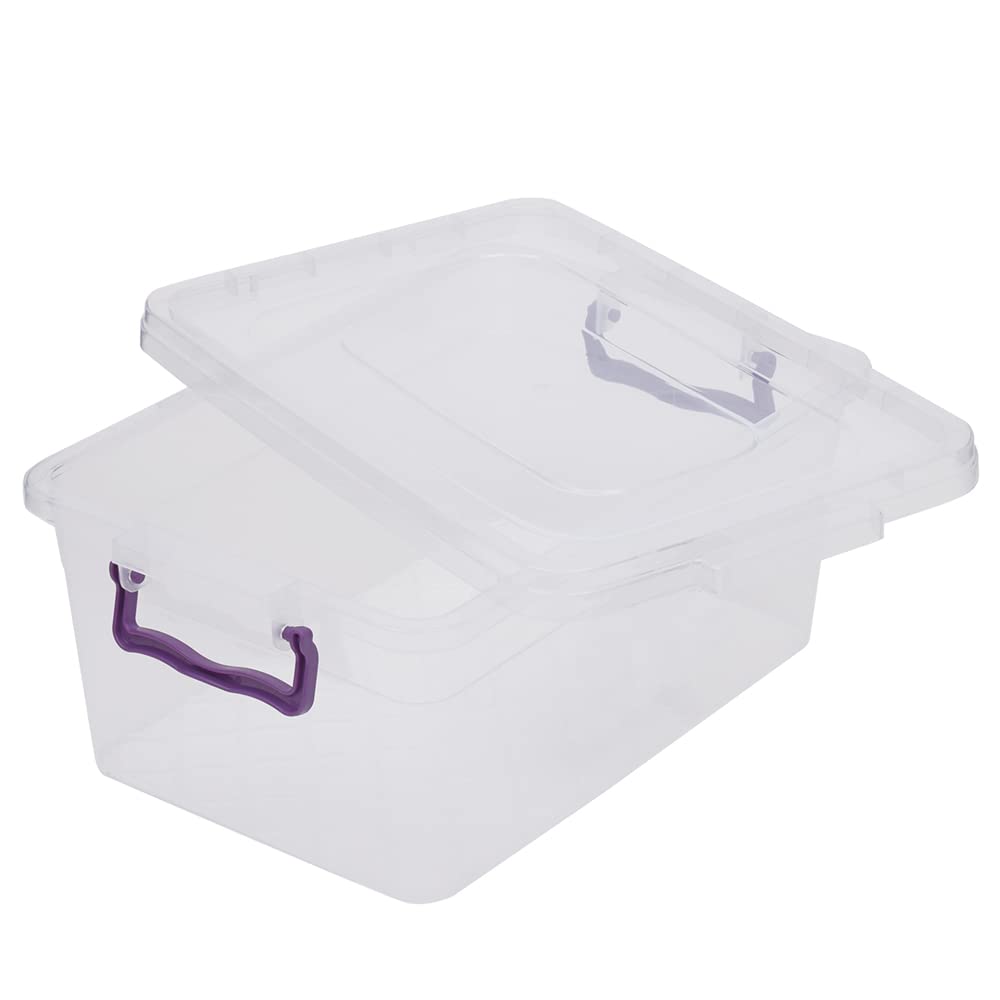 Home Basics Plastic Storage Box with Locking Lid, Clear | Durable Latches for Secure Closure | Purple Handles (7.5 liter)