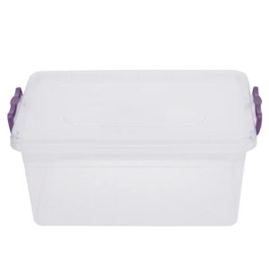 Home Basics Plastic Storage Box with Locking Lid, Clear | Durable Latches for Secure Closure | Purple Handles (7.5 liter)