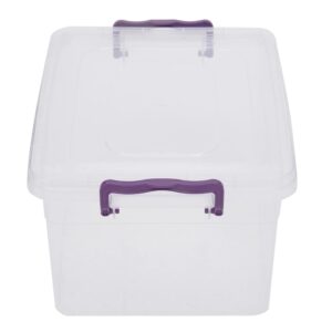 Home Basics Plastic Storage Box with Locking Lid, Clear | Durable Latches for Secure Closure | Purple Handles (7.5 liter)