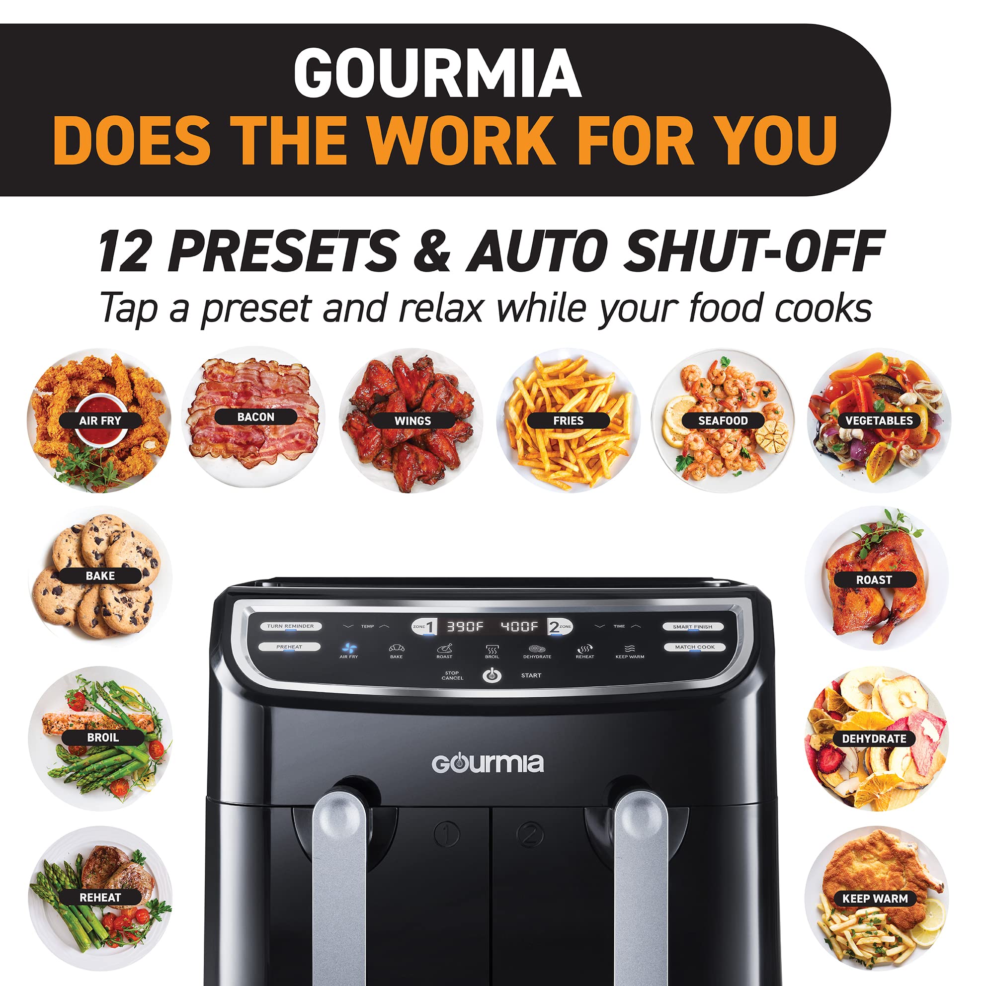 Gourmia 9-Quart Dual Basket Digital Air Fryer, with 7 Functions, Smart Finish and Match Cook,Black/Silver