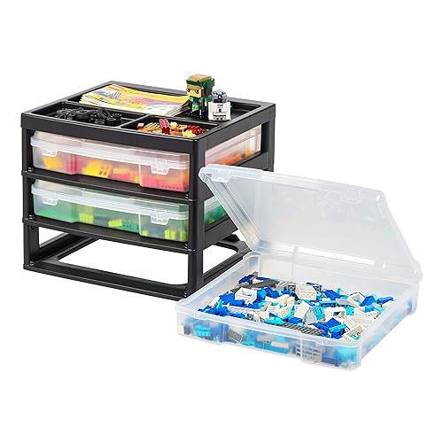 IRIS USA Fits 12" x 12" Paper, 3-Tier Scrapbook Storage Unit with Organizer Top, for Lego Papers Tools Office Art and Craft Supplies, Desktop Organizer, Built in Handle, Black/Clear