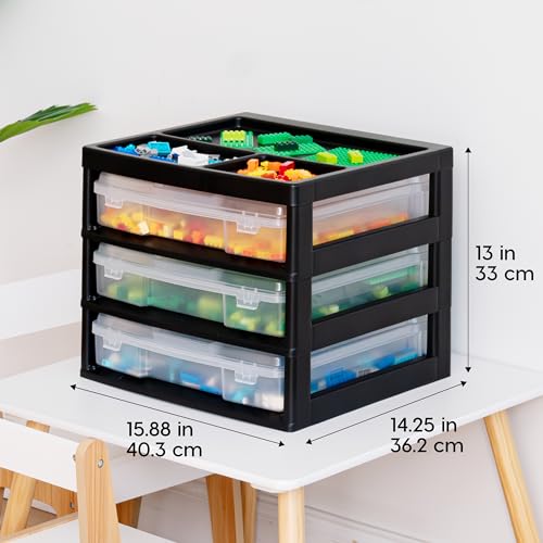 IRIS USA Fits 12" x 12" Paper, 3-Tier Scrapbook Storage Unit with Organizer Top, for Lego Papers Tools Office Art and Craft Supplies, Desktop Organizer, Built in Handle, Black/Clear
