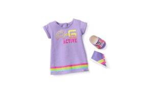 american girl truly me 18-inch doll show your sporty side outfit with printed t-shirt dress and sneakers, for ages 6+