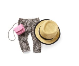 american girl truly me 18-inch doll accessories leopard-print pants, pink pants, and straw hat with ribbon, for ages 6+