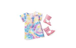 american girl truly me 18-inch doll show your artsy side outfit with tie dye t-shirt dress and pink sandals, for ages 6+