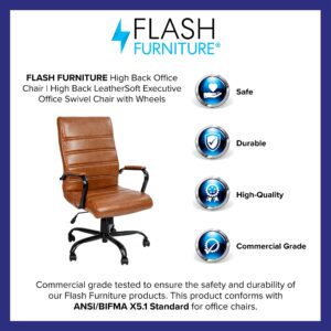 EMMA + OLIVER High Back Brown LeatherSoft Executive Swivel Office Chair with Black Frame/Arms